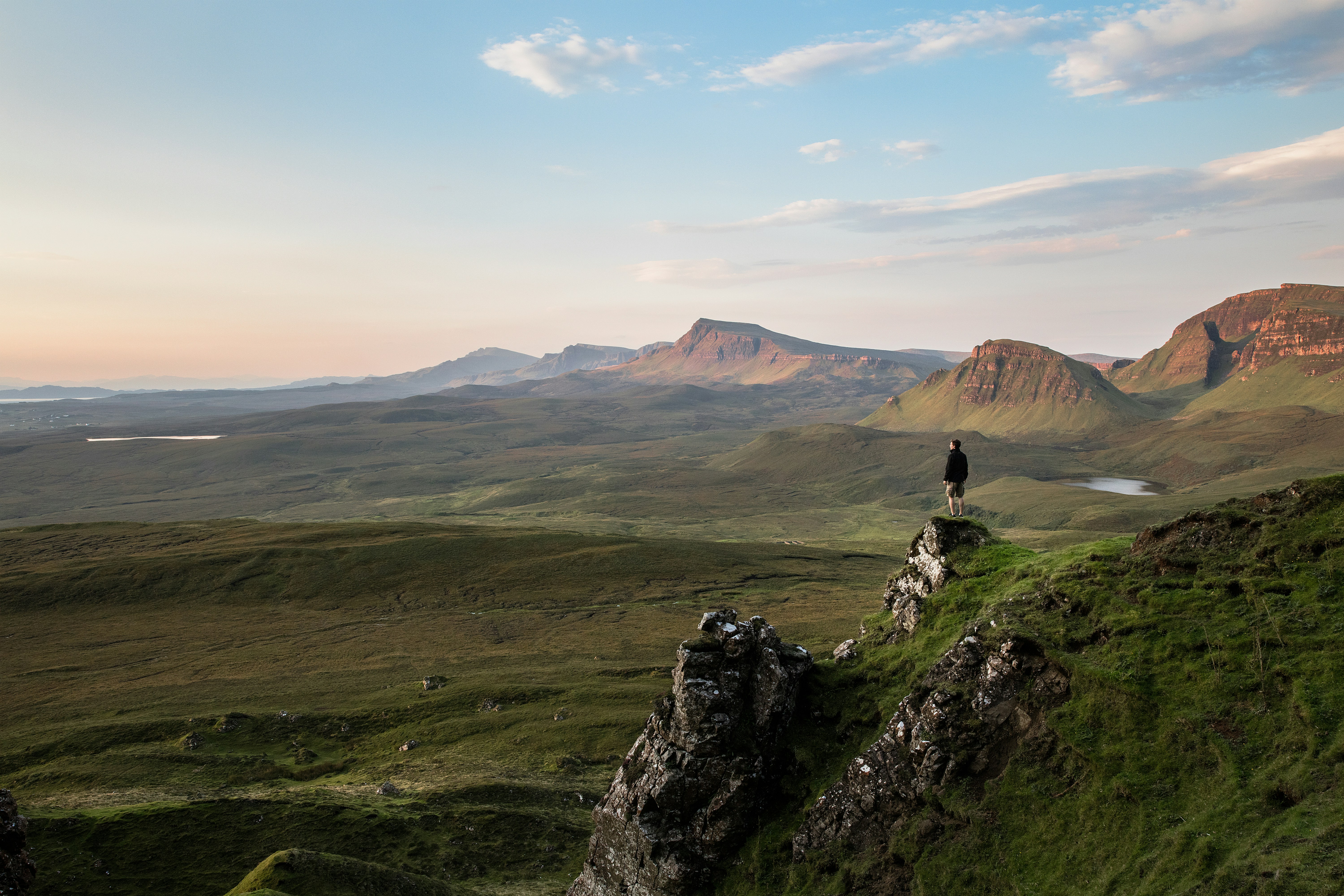 The dramatic Quiraing ridge on the Isle of Skye with moody clouds